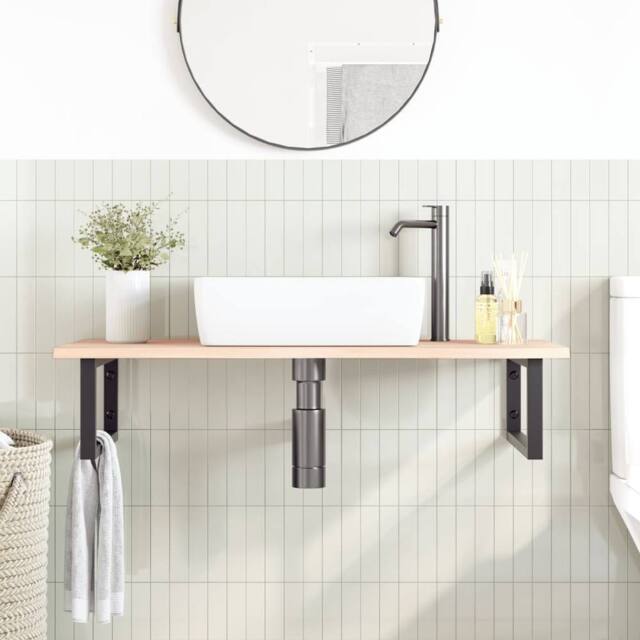 Berkfield Home Elegant Basin Shelf Wall Mounted Steel & Solid Wood Oak in Natural - image 1