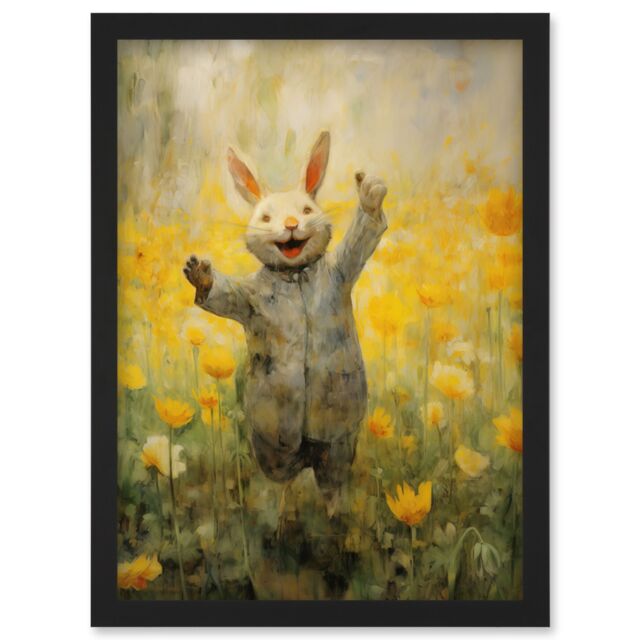 Artery8 Wall Art Print Tulips & Rabbit Watercolour Fun Kids Baby Nursery Artwork Framed A4 in Black - image 1