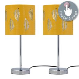 First Choice Lighting Set of 2 Chrome Touch Table Lamps with Ochre Mustard Fern Shades in Silver - thumbnail 2