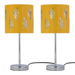 First Choice Lighting Set of 2 Chrome Touch Table Lamps with Ochre Mustard Fern Shades in Silver