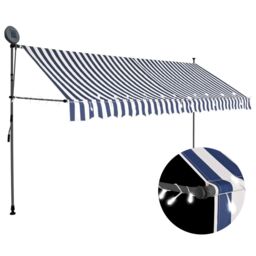 Berkfield Home Manual Retractable Awning with LED 350 cm Blue & White - thumbnail 1