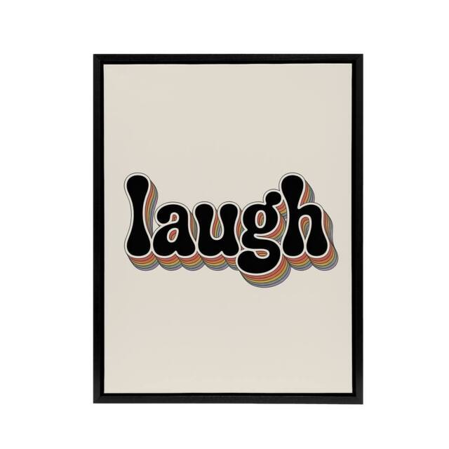"Artery8 Laugh Colourful Retro Rainbow Font Typography Framed Canvas Art Print in Beige - Size: W12"" x H16""" - image 1