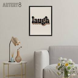 "Artery8 Laugh Colourful Retro Rainbow Font Typography Framed Canvas Art Print in Beige - Size: W12"" x H16""" - thumbnail 3