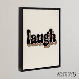 "Artery8 Laugh Colourful Retro Rainbow Font Typography Framed Canvas Art Print in Beige - Size: W12"" x H16""" - thumbnail 2