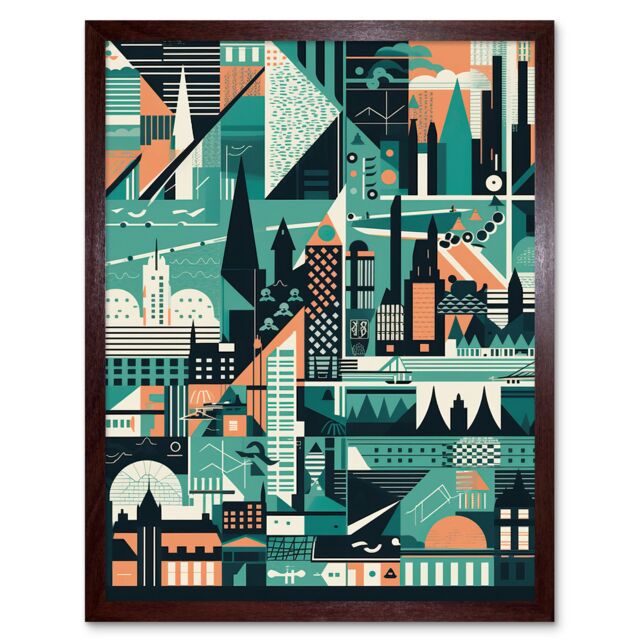 "Artery8 Wall Art Print Modern Abstract Geometric Dundee Cityscape Design Art Framed in Brown - Size: W12"" x H16""" - image 1