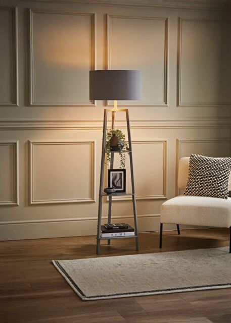 ValueLights Hiru Grey 3 Tier Wooden Shelf Floor Lamp with Grey & Copper Shade - image 1