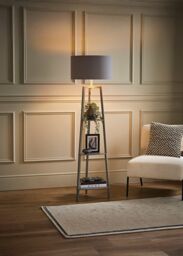 ValueLights Hiru Grey 3 Tier Wooden Shelf Floor Lamp with Grey & Copper Shade