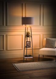 ValueLights Hiru Grey 3 Tier Wooden Shelf Floor Lamp with Grey & Copper Shade - thumbnail 2