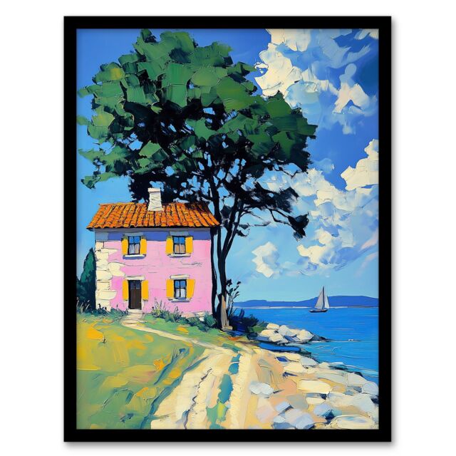 "Artery8 Pink Village Cottage Coastal Greece Landscape Framed Art Print in Blue - Size: W12"" x H16""" - image 1