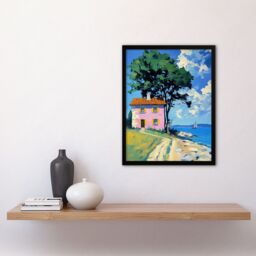"Artery8 Pink Village Cottage Coastal Greece Landscape Framed Art Print in Blue - Size: W12"" x H16""" - thumbnail 4