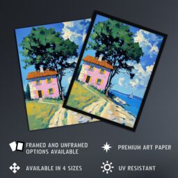 "Artery8 Pink Village Cottage Coastal Greece Landscape Framed Art Print in Blue - Size: W12"" x H16""" - thumbnail 2