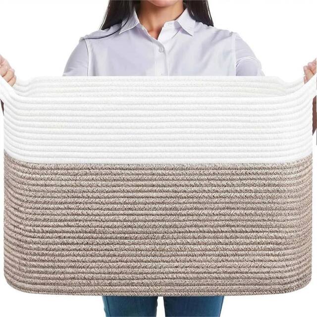 Nordara Woven Cotton Rope Laundry Basket Storage Bin, White-Brown in White - image 1
