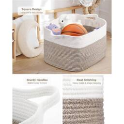 Nordara Woven Cotton Rope Laundry Basket Storage Bin, White-Brown in White - thumbnail 4