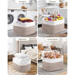 Nordara Woven Cotton Rope Laundry Basket Storage Bin, White-Brown in White - thumbnail 2