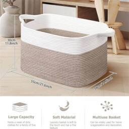 Nordara Woven Cotton Rope Laundry Basket Storage Bin, White-Brown in White - thumbnail 5