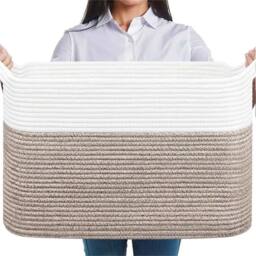Nordara Woven Cotton Rope Laundry Basket Storage Bin, White-Brown in White - thumbnail 1