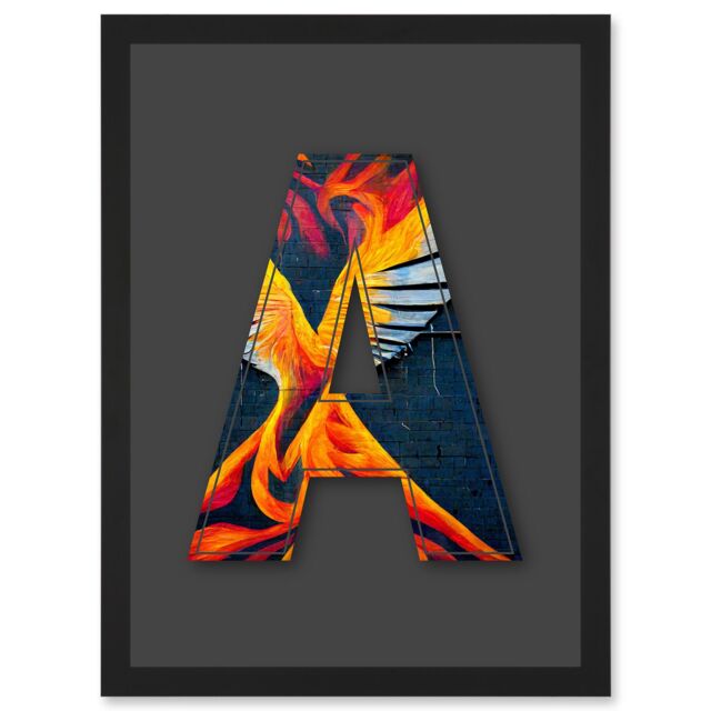 Artery8 Letter A Phoenix Rising Orange Decorative Graffiti Mural Alphabet Initial Stencil Artwork Framed Wall Art Print A4 in Black - image 1