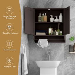 Gymax Bathroom Wall Cabinet With Towel Bar Adjustable Shelf Medicine Cabinet in Brown - thumbnail 4