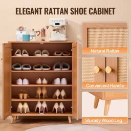 VEVOR Light Wood Rattan Shoe Cabinet 5 Tiers Adjustable Shelves in Tan - thumbnail 6
