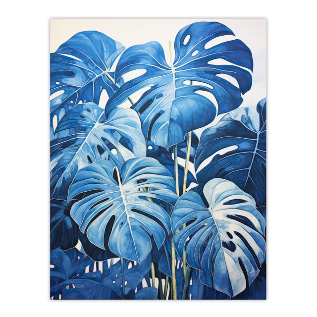 "Artery8 Wall Art Print Monstera Plant Leaves in Blue Watercolour Painting Poster Picture - Size: W18"" x H24""" - image 1