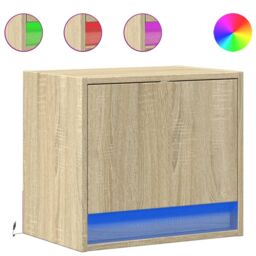 Berkfield Home Wall-mounted Bedside Cabinets with LED Lights 2 pcs Sonoma Oak in Brown - thumbnail 2