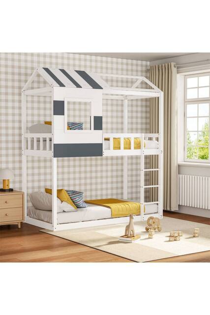 Wooden Kids House Bunk Bed with Playhouse Roof in White - image 1