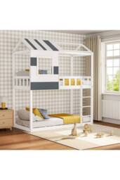 Wooden Kids House Bunk Bed with Playhouse Roof in White - thumbnail 1