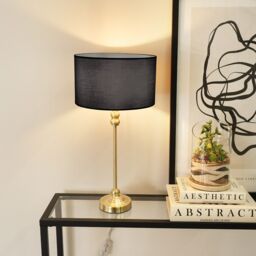 ValueLights Maggie Gold Metal Candlestick Slim Table Lamp with Fabric Drum Lamp Shade in Black