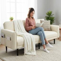 Alivio 3-in-1 Convertible Velvet Sofa Bed, Adjustable Futon Couch with Detachable Arms, Thick Cushions, Side Storage Pockets & Sturdy Wood Frame - thumbnail 2