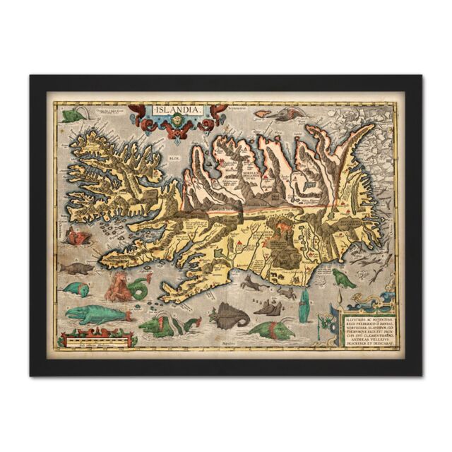 "Artery8 Wall Art Print Map Ortelius 1585 Iceland Sea Monsters Pictorial Large Framed Wall Décor Art in Light Oak - Size: W18"" x H24""" - image 1