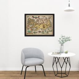 "Artery8 Wall Art Print Map Ortelius 1585 Iceland Sea Monsters Pictorial Large Framed Wall Décor Art in Light Oak - Size: W18"" x H24""" - thumbnail 2