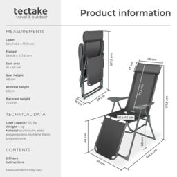 tectake 2 folding aluminum garden chairs with headrest & footrest in Dark Grey - Size: 2 Seater - thumbnail 6