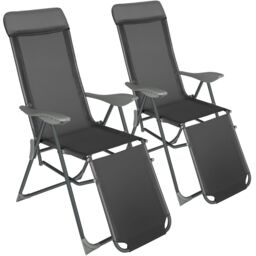 tectake 2 folding aluminum garden chairs with headrest & footrest in Dark Grey - Size: 2 Seater - thumbnail 1