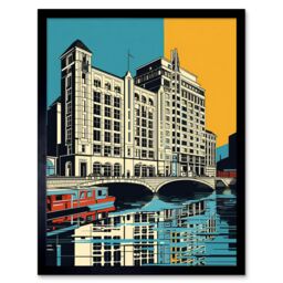 "Artery8 Wall Art Print Leeds City Waterfront Modern Linocut Art Framed in Black - Size: W12"" x H16""" - thumbnail 1