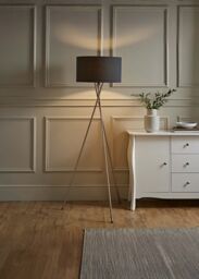 ValueLights Camden Brushed Chrome Tripod Floor Lamp with Drum Lamp Shade & Bulb in Charcoal