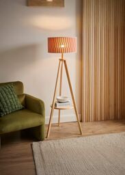 ValueLights Morrigan Tripod Floor Lamp with Orange Checker Bamboo Shade & Bulb in Natural
