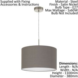Loops Pendant Light Colour Satin Nickel Shade Anthracite Brown Fabric Bulb E27 1x60W in Metallics - thumbnail 2