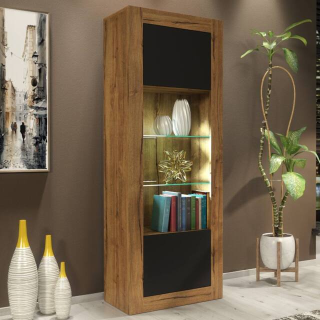 Mex Furniture LTD Display Cabinet Illume 170cm - Dark Oak & Black Matt Doors, LED Lights - image 1