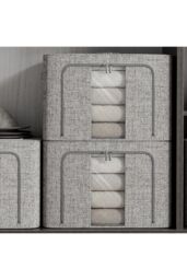 Living and Home 100L Metal Frame Foldable Fabric Storage Box Clothes Organizer with Windows in Grey - thumbnail 3