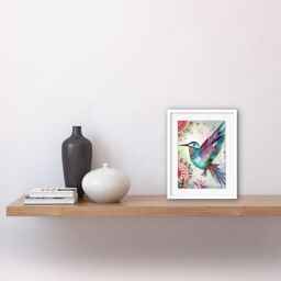 "Artery8 Wall Art Print Hummingbird With Multicolour Mandala Patterns Folk Art Watercolour Painting Artwork Framed 9X7 Inch in White - Size: W7"" x H9""" - thumbnail 2