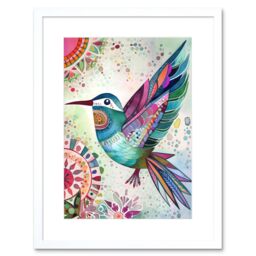 "Artery8 Wall Art Print Hummingbird With Multicolour Mandala Patterns Folk Art Watercolour Painting Artwork Framed 9X7 Inch in White - Size: W7"" x H9""" - thumbnail 1