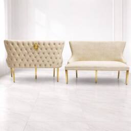 HOME LUXE INTERIOR Victoria Mink Shimmer Fabric Luxury Bench with Gold Lion Knocker in Cream