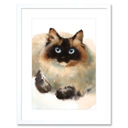 "Artery8 Wall Art Print Cat Ragdoll Face Watercolour Art Framed 9x7 inch in White - Size: W7"" x H9""" - thumbnail 1