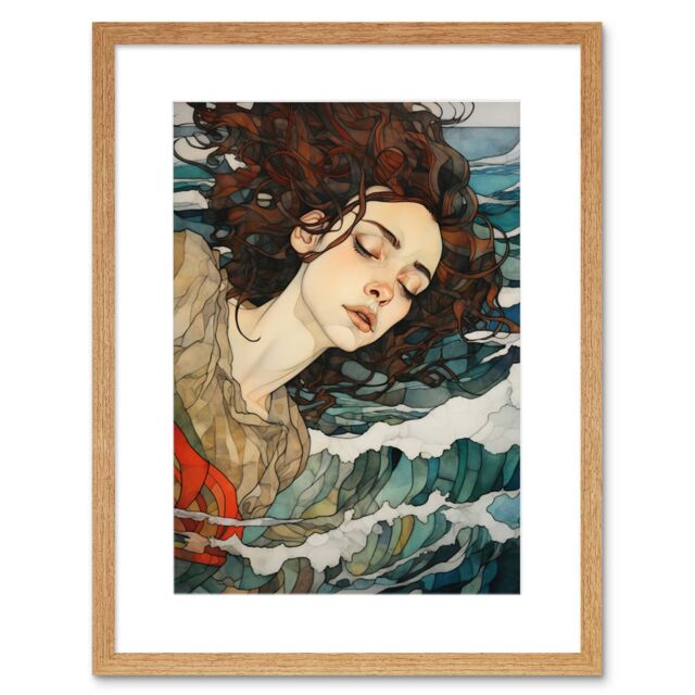 Artery8 Wall Art Print Dreaming of the Sea Woman Sleeping Egon Schiele Style Watercolour Painting Red Brown Blue Carried by Waves Artwork Framed 9X7 - image 1