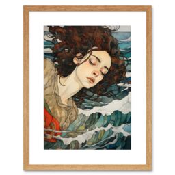 Artery8 Wall Art Print Dreaming of the Sea Woman Sleeping Egon Schiele Style Watercolour Painting Red Brown Blue Carried by Waves Artwork Framed 9X7 - thumbnail 1