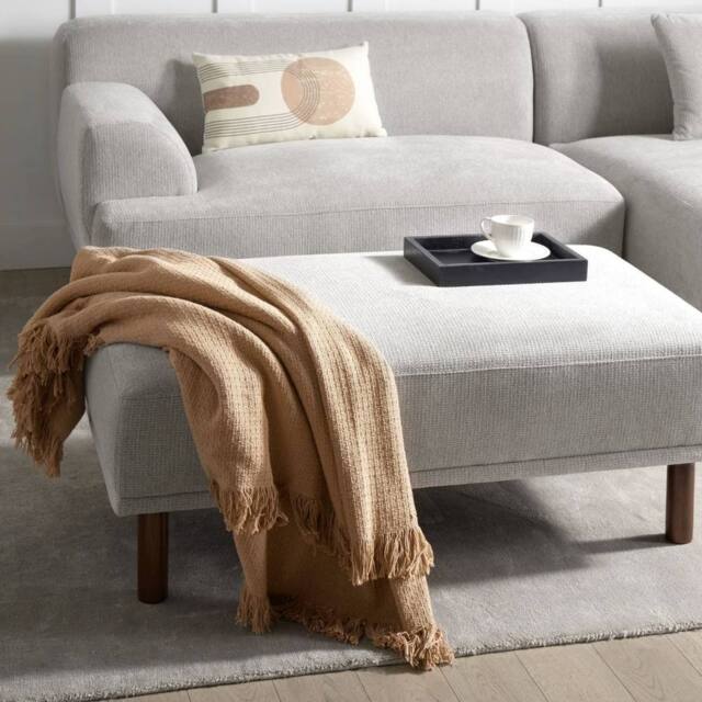 Wyld and Coco Fabric Light Grey Water Repellent Rectangular Ottoman Eucalyptus - image 1