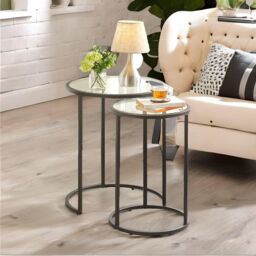 FURNOS Set Of 2 Round Black Nesting Tables With Tempered Glass Top - thumbnail 3