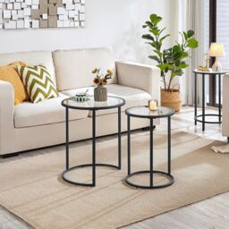 FURNOS Set Of 2 Round Black Nesting Tables With Tempered Glass Top