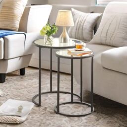 FURNOS Set Of 2 Round Black Nesting Tables With Tempered Glass Top - thumbnail 2