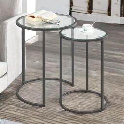 FURNOS Set Of 2 Round Black Nesting Tables With Tempered Glass Top - thumbnail 4